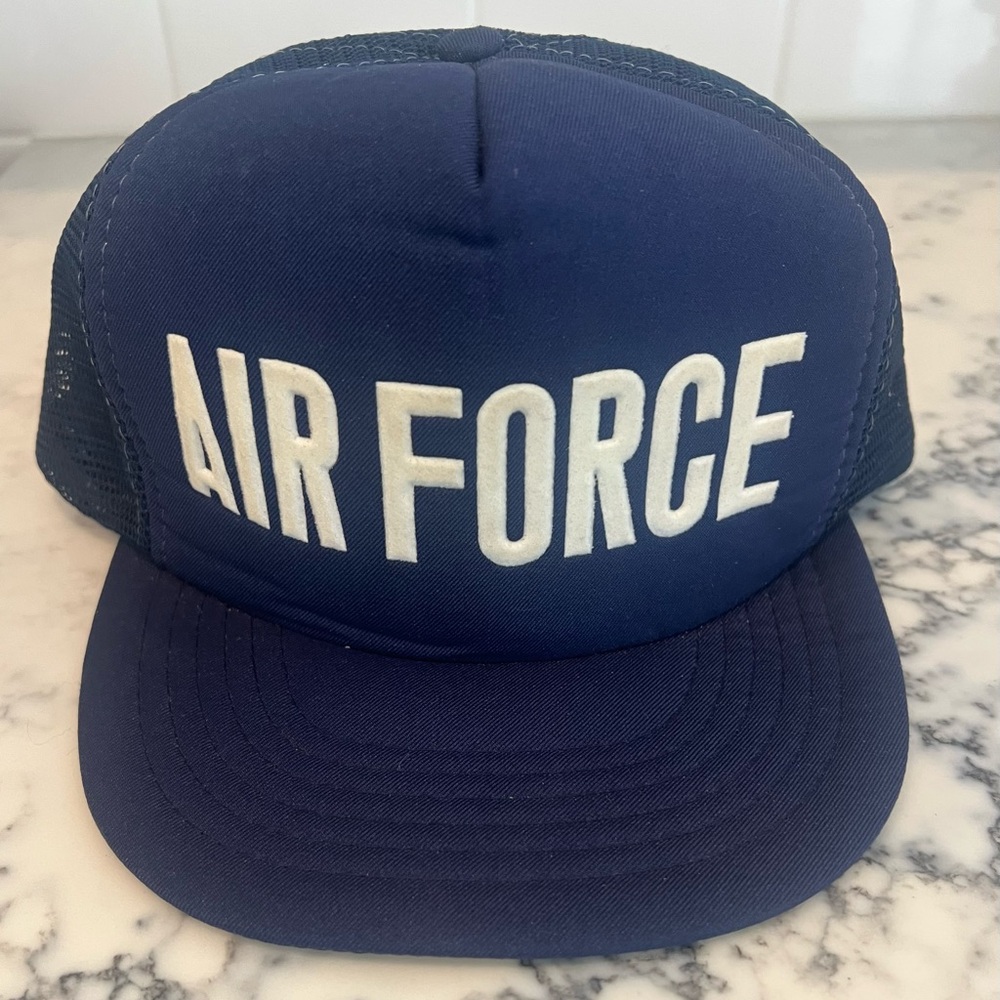 VINTAGE Air Force Hat Mens Snapback Blue US Military Trucker Spell Out